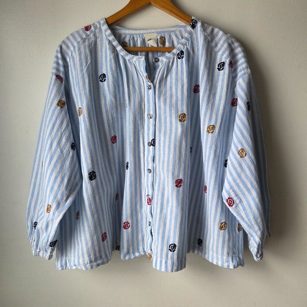 EUC ANTHROPOLOGIE AKEMI + KIN EMBROIDERED STRIPED OVERSIZED TOP SIZE M/L